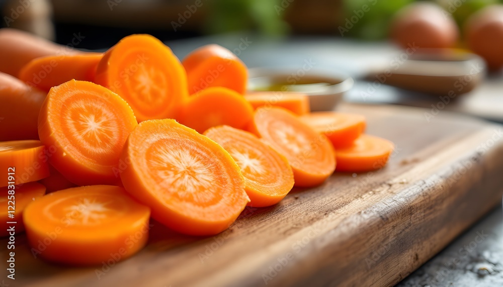 A hyper-realistic close-up shot of fresh carrot slices neatly arranged on a rustic wooden cutting board. The orange slices have a smooth, glossy texture, with some having visible rings from... A hyper-realistic close-up shot of fresh carrot slices neatly arranged on a rustic wooden cutting board. The orange slices have a smooth, glossy texture, with some having visible rings from...
