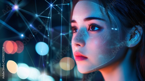Young woman having her face scanned by facial recognition software