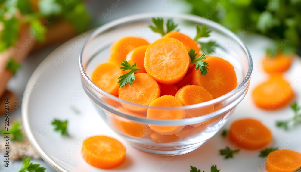 A detailed, high-resolution image of sliced carrots placed in a clear glass bowl, surrounded by fresh parsley leaves. The carrot slices have perfect round edges and a glossy, slightly wet s... A detailed, high-resolution image of sliced carrots placed in a clear glass bowl, surrounded by fresh parsley leaves. The carrot slices have perfect round edges and a glossy, slightly wet s...