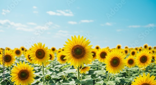 Vibrant Sunflower Field Under Sunny Sky Beautiful Summer Nature Photography