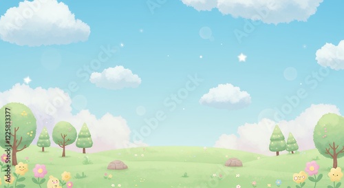 Cute Spring Meadow Landscape Illustration with Blue Sky