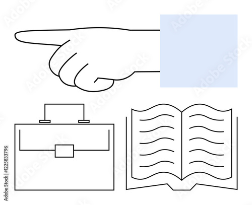 Outstretched hand pointing right, open book representing learning, and briefcase symbolizing work. Ideal for themes of guidance, knowledge, education, business, decision-making, career growth