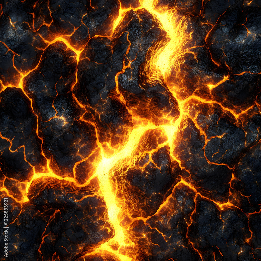 Fototapeta premium Abstract Boiling Magma Pattern: High-Resolution Seamless Texture of Molten Lava Flow with Vivid Red and Orange Hues, Ideal for Dynamic Backgrounds, Game Design, and Volcanic-Themed Projects