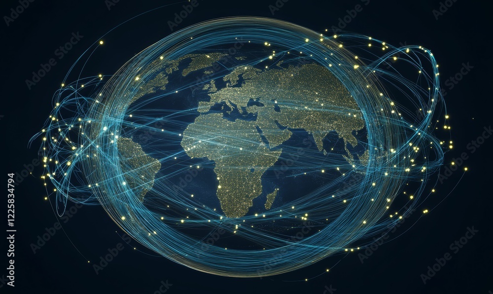 Obraz premium Global network, illuminated map, glowing lines.