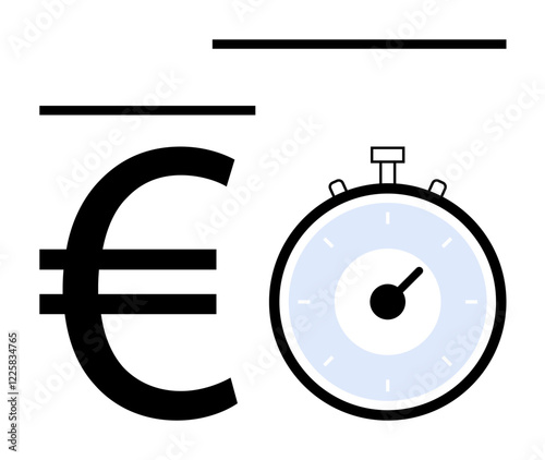 Euro symbol and stopwatch joined by horizontal line. Ideal for finance, business, time, efficiency, punctuality, quick, optimization. Line metaphor