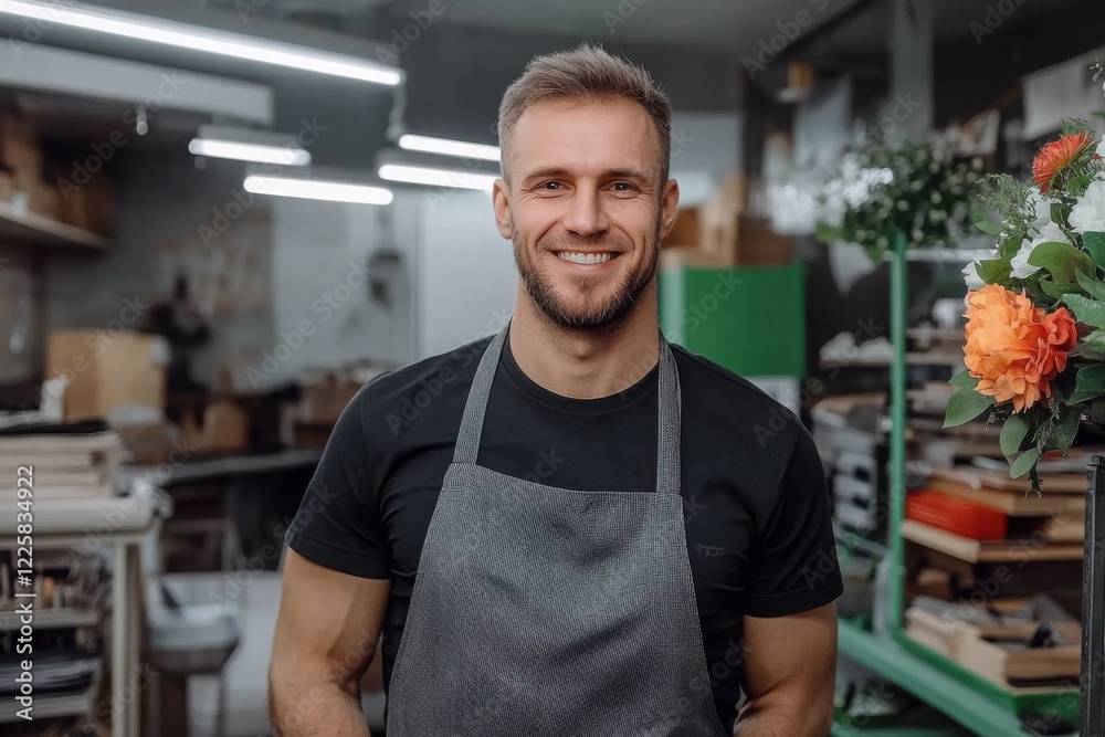 Fototapeta premium florist is a man in a black apron and with a smile on his face. He stands in front of a potted plant. plant and flower shop