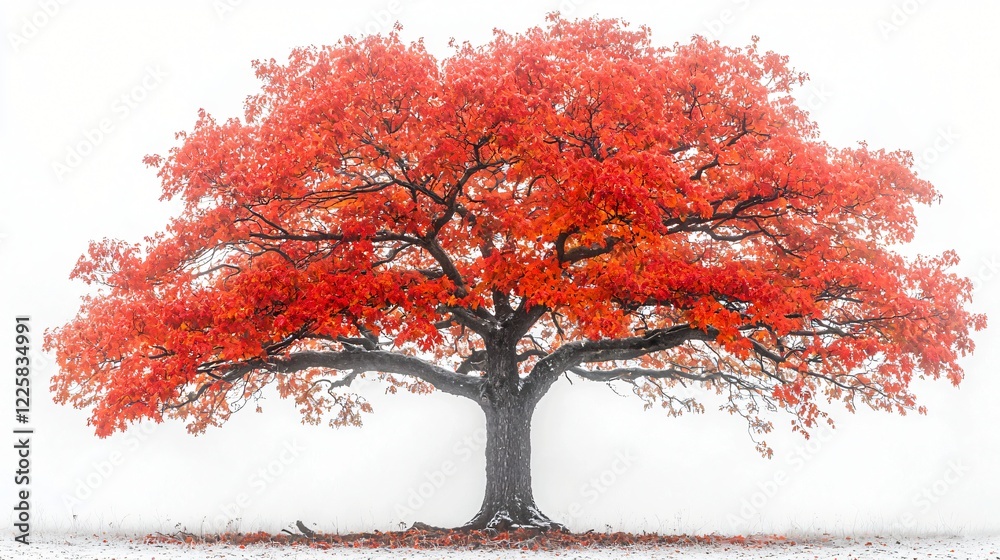 Radiant Red Autumn Tree Against Misty White Backdrop With Ground Leaves Fallen In Winter. Radiant Red Autumn Tree Against Misty White Backdrop With Ground Leaves Fallen In Winter.