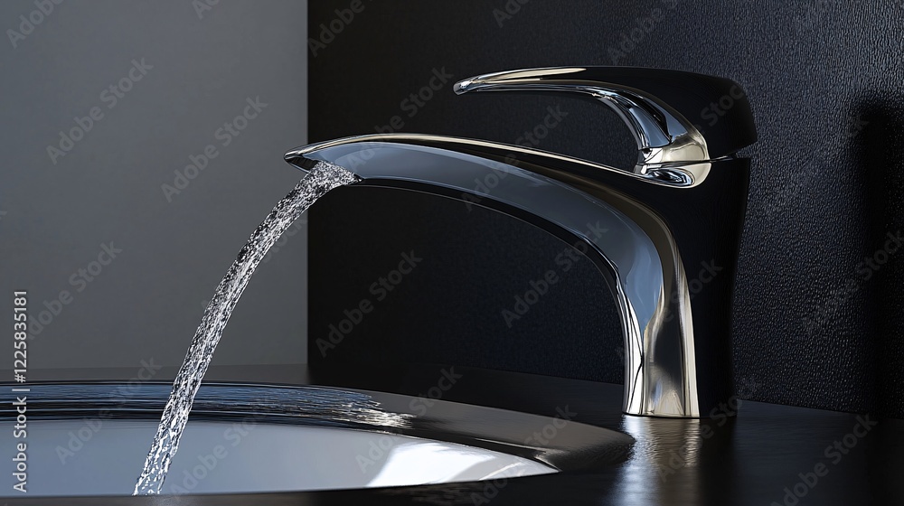 Modern designed chrome bathroom faucet pouring water into sink Modern designed chrome bathroom faucet pouring water into sink