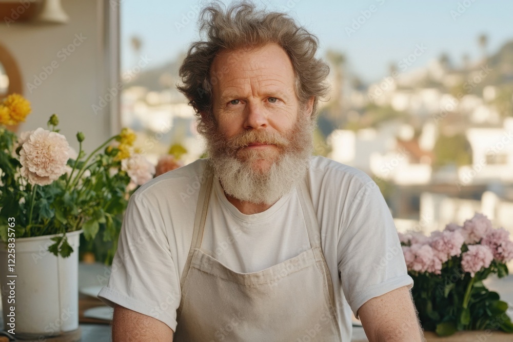 man with beard and light shirt is sitting in front of table covered with flowers. He's wearing an apron and holding a bouquet of flowers. the man is a gardener, florist or farmer. grow crops man with beard and light shirt is sitting in front of table covered with flowers. He's wearing an apron and holding a bouquet of flowers. the man is a gardener, florist or farmer. grow crops