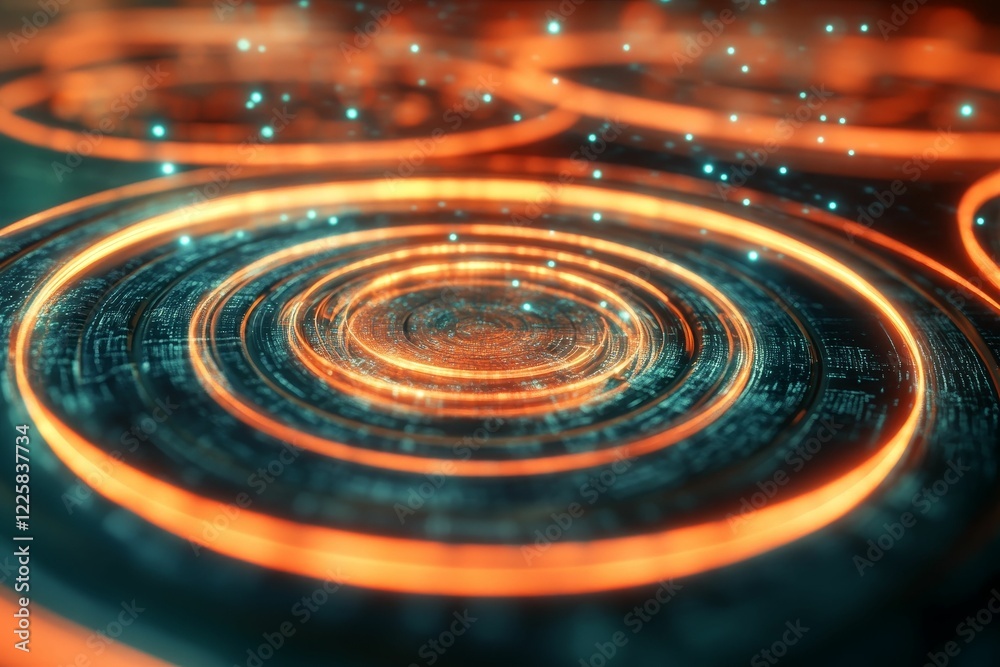 Glowing concentric rings with small blue sparkling dots. Glowing concentric rings with small blue sparkling dots.