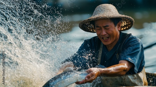 A skilled fisherman reels in a large fish, capturing the excitement of a successful catch outdoors.