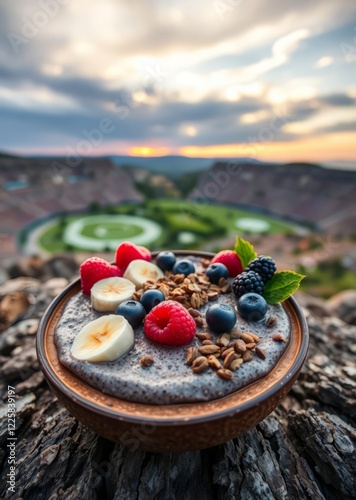 Chia pudding with berries banana peanut butter and cocoa nibs in coconut shell bowl Super Bowl football game sport ball american superbowl photo