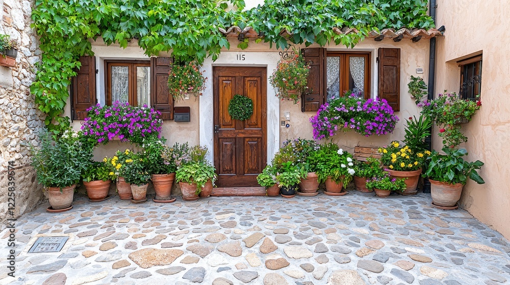 Fototapeta premium Cobblestone courtyard, flower-potted house, Italian village