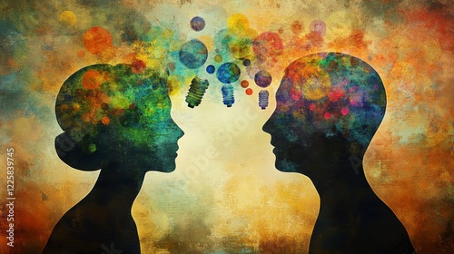 Concept of Brain storming, Knowledge sharing between to people head, this was shown through cogwheels transferring from one human brain to other, this also represents creative mind, innovation. 