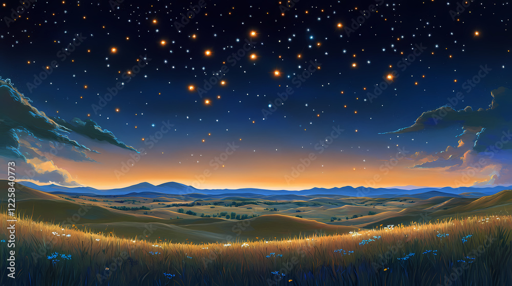 Vast celestial view above gentle hills, sky, landscape, stars, horizon, scenery, universe, nature, panoramic, rolling, plains, beauty, galactic, peaceful,. Galactic Plains. Illustration Vast celestial view above gentle hills, sky, landscape, stars, horizon, scenery, universe, nature, panoramic, rolling, plains, beauty, galactic, peaceful,. Galactic Plains. Illustration