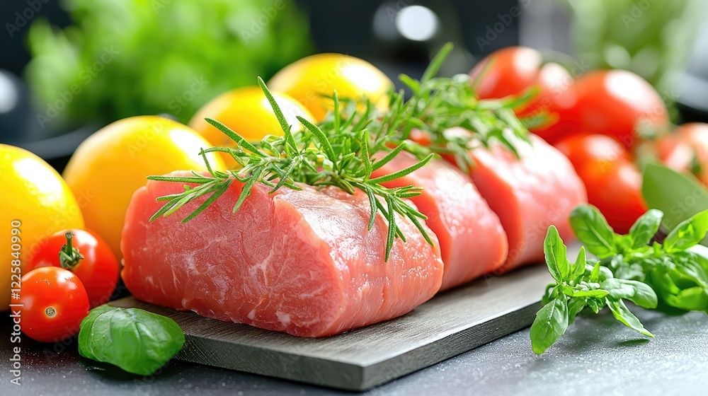 Raw pork tenderloin with herbs and vegetables, ready for grilling Raw pork tenderloin with herbs and vegetables, ready for grilling