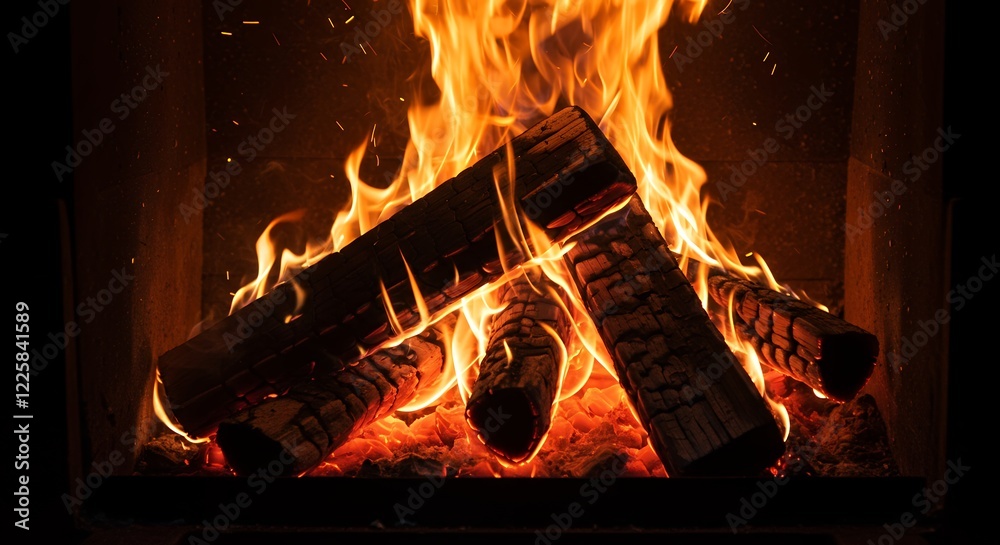 Obraz premium Burning Fireplace Logs Warm Cozy Winter Fire