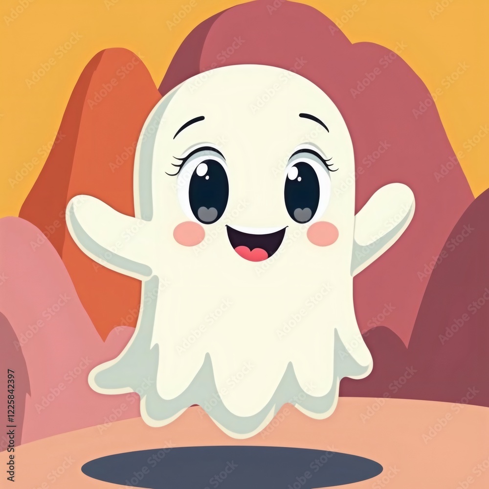 Friendly Ghostly Character Emerging from a Dark Hole Against a Vibrant Multicolored Mountain Backdrop