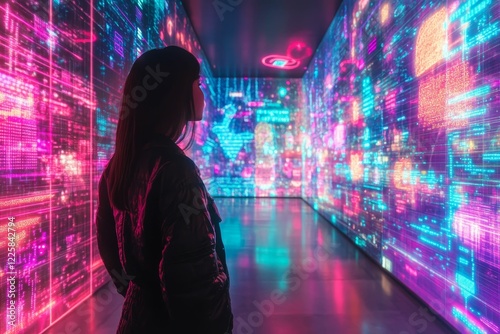 Wallpaper Mural Person looks at bright pink and cyan glowing walls. Torontodigital.ca