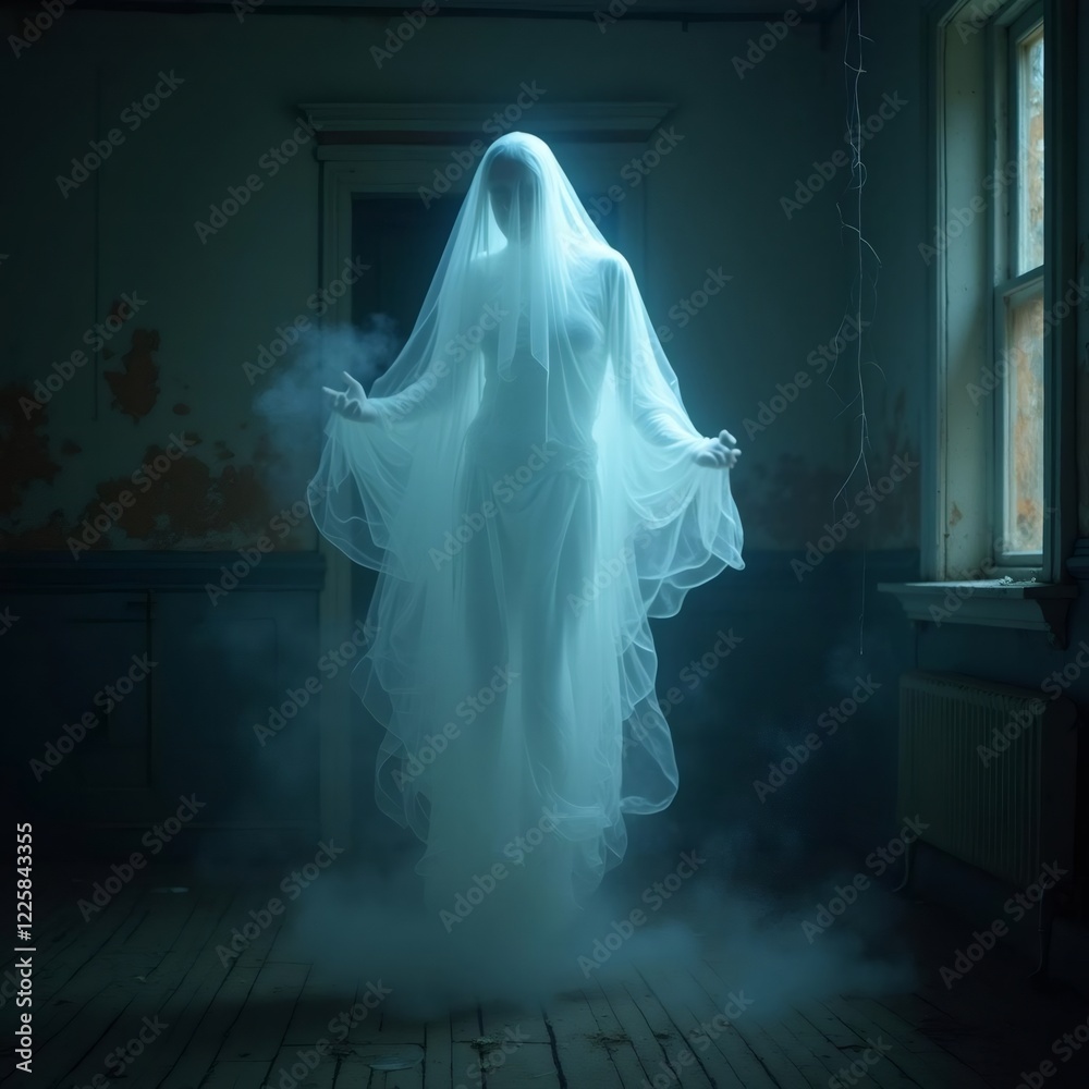 Ethereal Spirit Emerges from Shadowy Depths, Veiled in Luminescent Fabric, Within Abandoned Chamber Ethereal Spirit Emerges from Shadowy Depths, Veiled in Luminescent Fabric, Within Abandoned Chamber