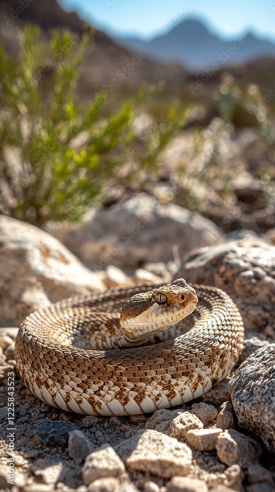 Obraz premium HD Phone Wallpaper Desert Sidewinder Rattlesnake Coiled on Rocky Terrain Close Up View