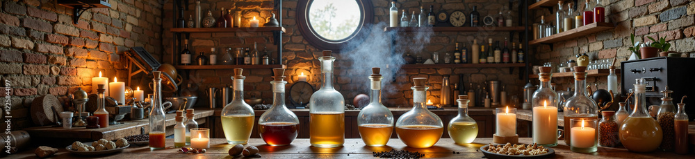 Bubbling potions in alchemist's laboratory, a mystical atmosphere Bubbling potions in alchemist's laboratory, a mystical atmosphere