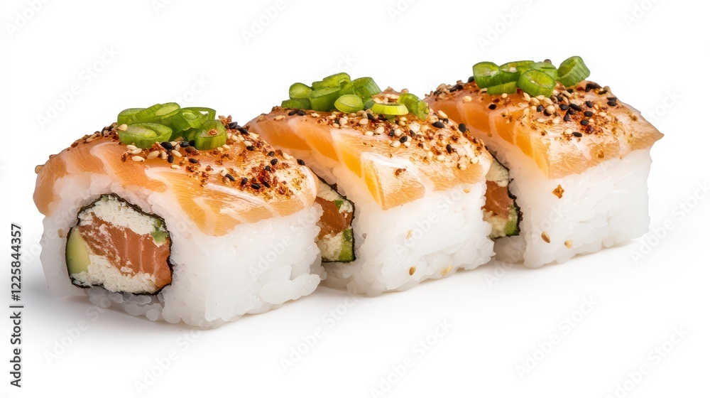 Elegant Seared Salmon Sushi with Avocado and Green Onions Elegant Seared Salmon Sushi with Avocado and Green Onions