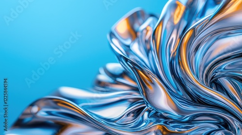 Abstract flowing liquid metal waves with golden reflections against a vibrant blue background.