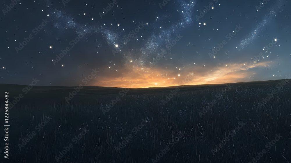 Celestial plains vast, open plains under a night sky filled with swirling stars and galaxies, creating a peaceful and otherworldly atmosphere. Galactic Plains. Illustration Celestial plains vast, open plains under a night sky filled with swirling stars and galaxies, creating a peaceful and otherworldly atmosphere. Galactic Plains. Illustration