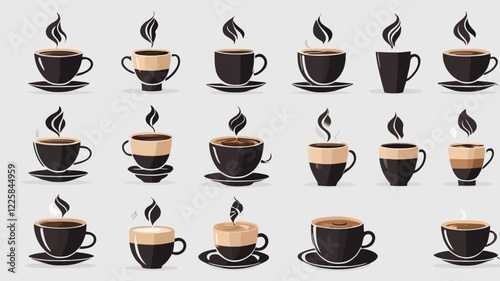 Coffee cup icon set. Coffee tea collection. Hot drink icon. Disposable cup. A steamy cup of coffee. Flat style. Vector Illustration. Vector Graphic.