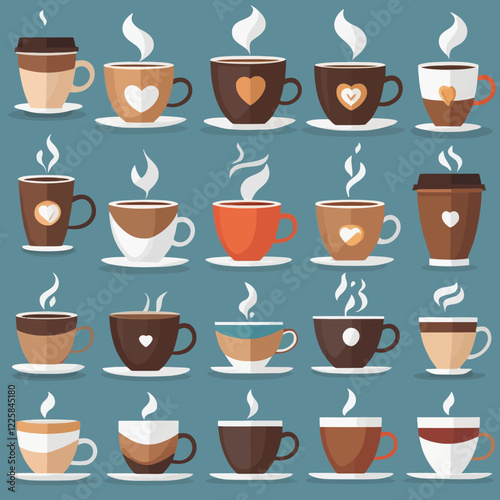 Coffee cup icon set. Coffee tea collection. Hot drink icon. Disposable cup. A steamy cup of coffee. Flat style. Vector Illustration. Vector Graphic.