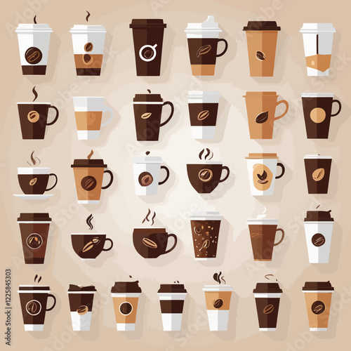 Coffee cup icon set. Coffee tea collection. Hot drink icon. Disposable cup. A steamy cup of coffee. Flat style. Vector Illustration. Vector Graphic.