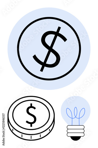 Large dollar sign inside blue circle, coin with dollar sign, and stylized lightbulb icon. Ideal for finance, innovation, business planning, startups, investments, savings and entrepreneurship