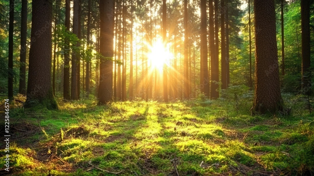 Sunbeams in Forest at Sunset Tranquil Nature Scene Sunbeams in Forest at Sunset Tranquil Nature Scene