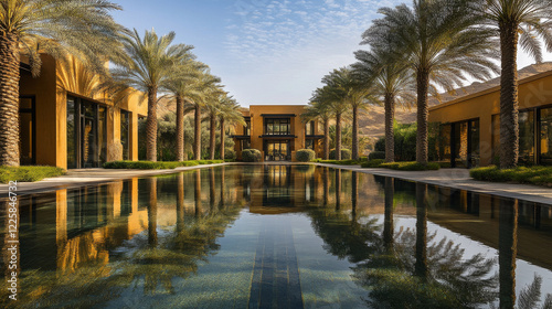 A serene oasis surrounded by golden desert dunes, with palm trees reflected in clear water.