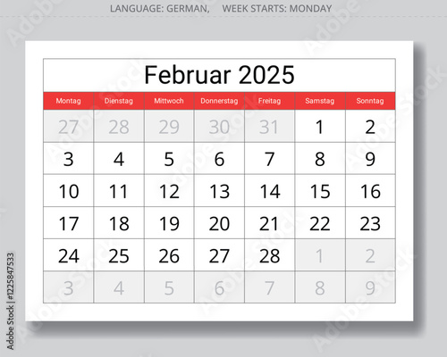 German calendar for february 2025. Vector illustration paper page of winter month for Germany - Kalender februar