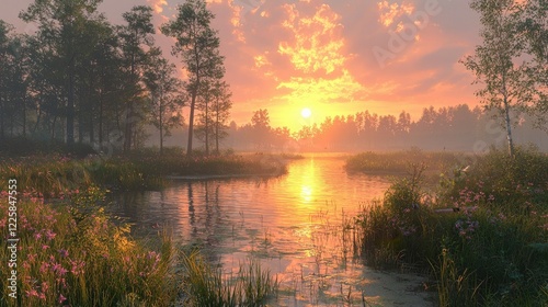 Serene Sunset Over Calm River In Forest photo