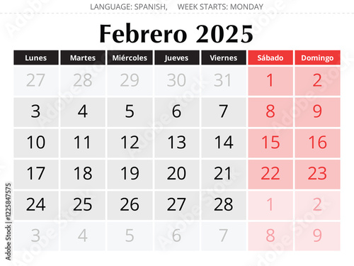 2025 Spanish february monthly calendar - febrero. Vector illustrations winter month for Spain