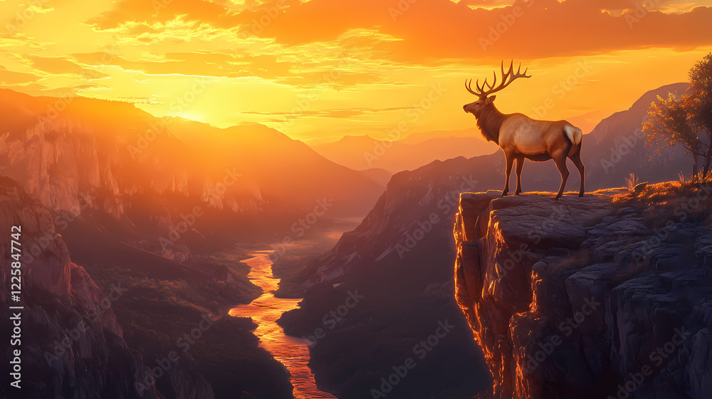 Majestic elk standing on rocky ledge at sunset in canyon landscape. Gilded Ridge. Illustration Majestic elk standing on rocky ledge at sunset in canyon landscape. Gilded Ridge. Illustration
