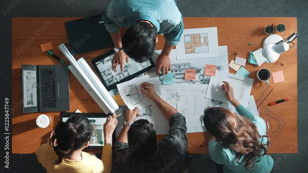Top down view of manager writing project plan and sitting at meeting. Aerial view of business people planning and sharing idea about house construction at table with laptop and equipments. Symposium.