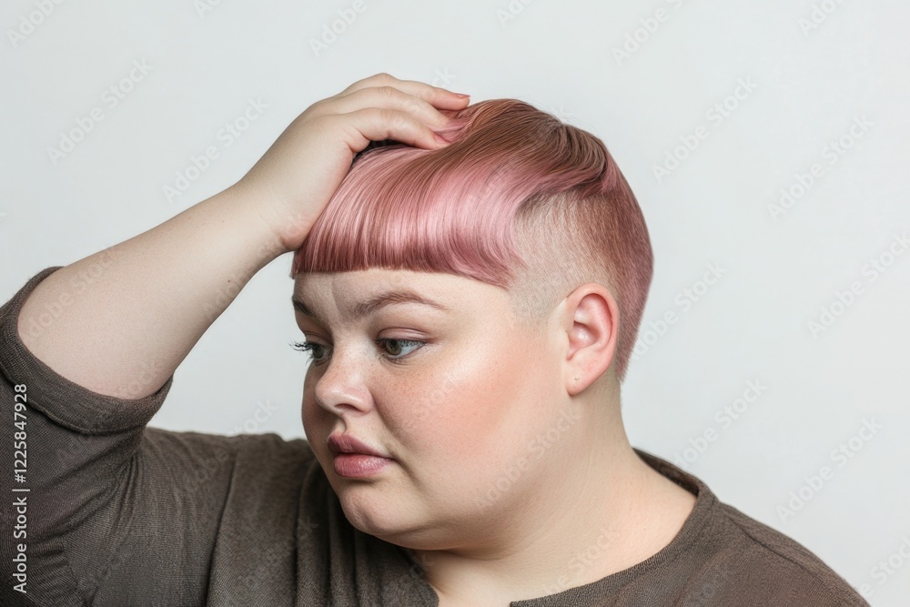 Fototapeta premium A girl with pastel pink hair styled in a unique way touches her head with a contemplative expression, highlighting modern hairstyles and youthful beauty.