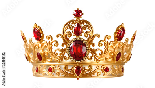 A stunning crown of gold and vibrant red gemstones, exuding elegance and royal luxury, designed with intricate details and unmatched craftsmanship in vivid focus