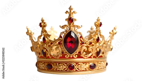 A stunning crown of gold and vibrant red gemstones, exuding elegance and royal luxury, designed with intricate details and unmatched craftsmanship in vivid focus