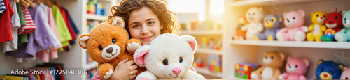 Delighted child hugging stuffed toys in toy shop, spring joy photo