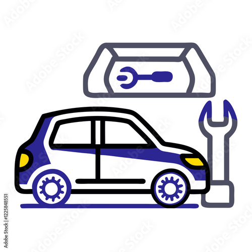 Vehicle repair icon with a wrench and a piston tool. Concept of auto service, mechanical diagnostics, and car repair shops