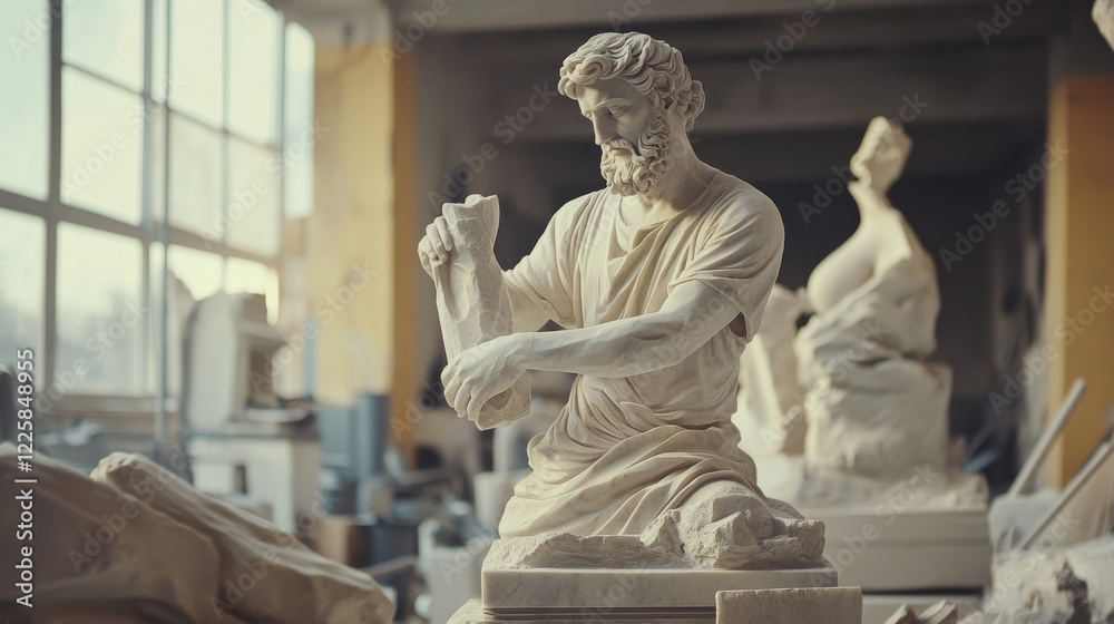 Fototapeta premium An artist carefully chiseling details into a marble statue in a spacious studio.