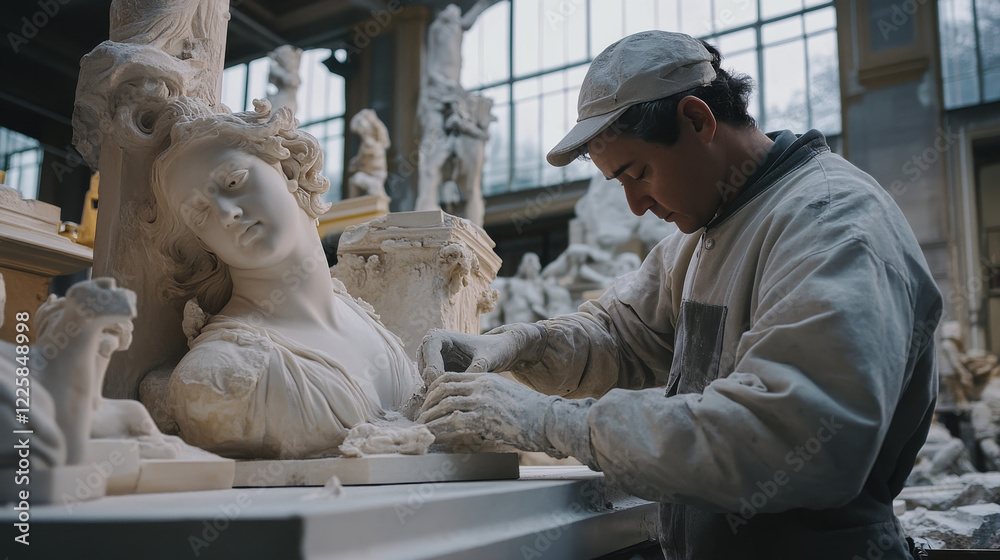 custom made wallpaper toronto digitalAn artist carefully chiseling details into a marble statue in a spacious studio.