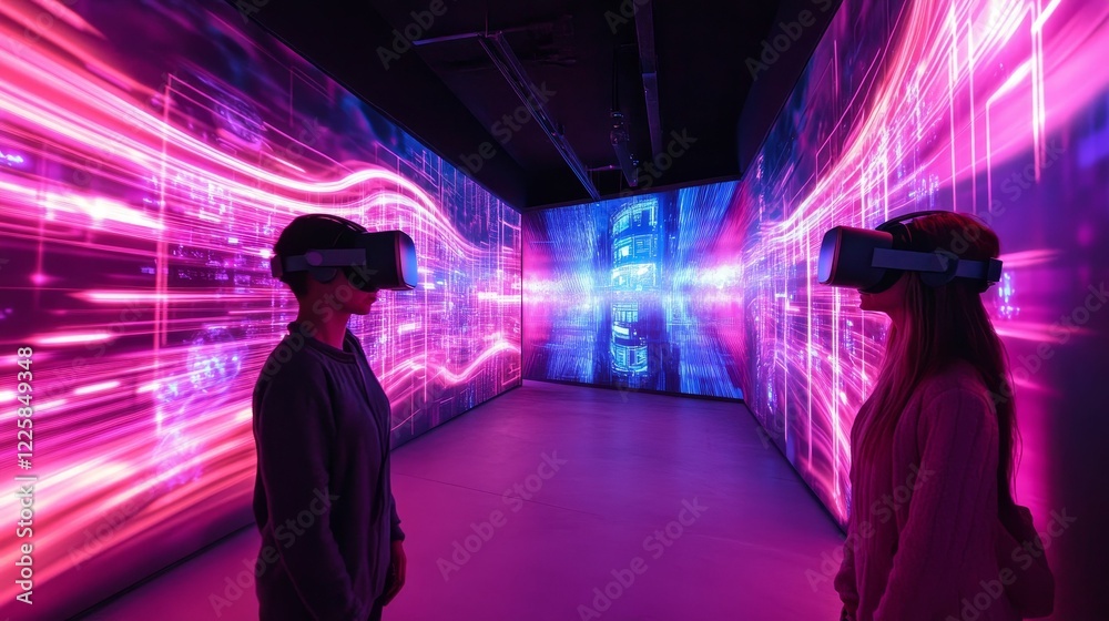 Two people in virtual reality illuminated room. Two people in virtual reality illuminated room.