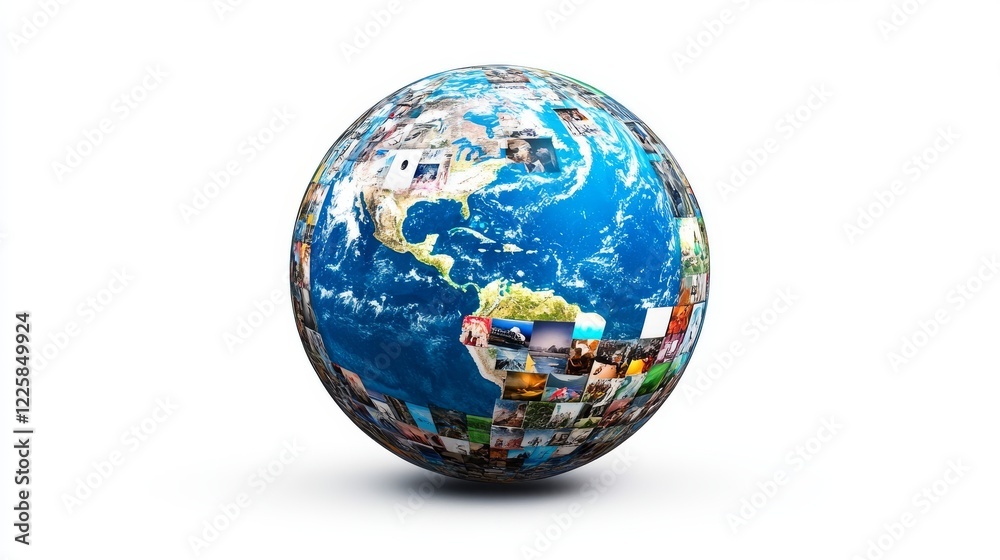 Telecommunication and media technologies concept: cloud of colorful phots around blue glass Earth globe isolated on white background Telecommunication and media technologies concept: cloud of colorful phots around blue glass Earth globe isolated on white background