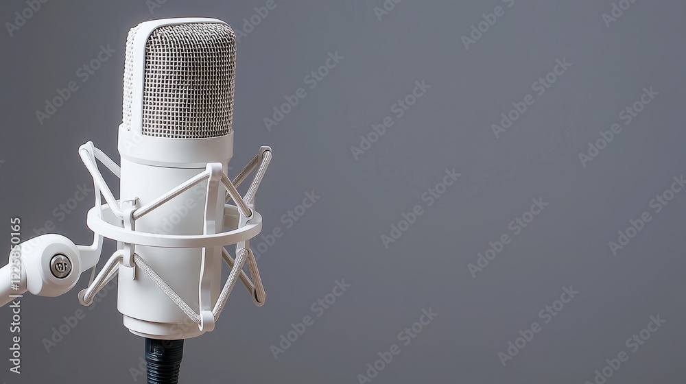 White studio microphone on stand, grey background, recording, podcasting